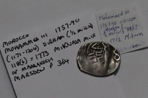 🧭 🇲🇦 MAROKKO SILBER DIRHAM MOHAMMED III AH1186 B67 #7798