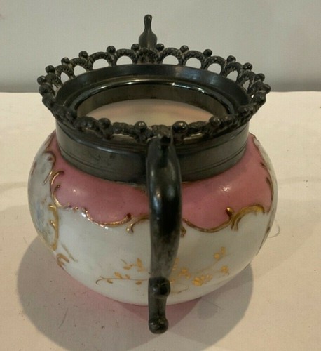 Antiguo plato de azúcar de porcelana con borde de metal superior de dos asas victoriano dorado de dos caras - Imagen 5 de 7