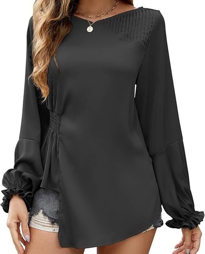 Womens Chiffon Blouse Fashion Tops Puff Long Sleeve V Neck Tie Waist Tunic New M - Picture 2 of 5