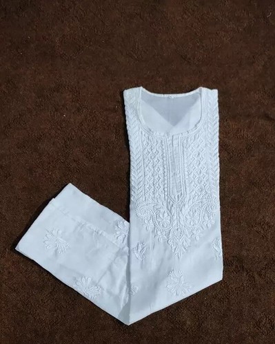 Lucknowi White Chikankari Cotton Kurti Indian Dailywear Kurta Set for Women - Picture 6 of 9