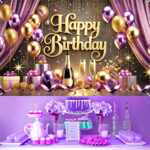 Happy Birthday Banner 71X43 Inch Purple and Gold Party Backdrop Glittering Ballo - Picture 7 of 7