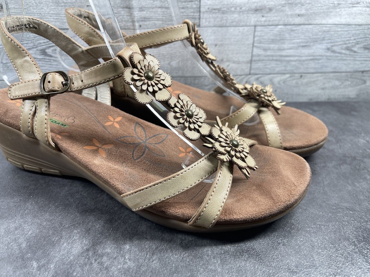 Baretraps Hammond Women Shoes Brown 8.5M Leather T Strap Flower Wedge Sandals