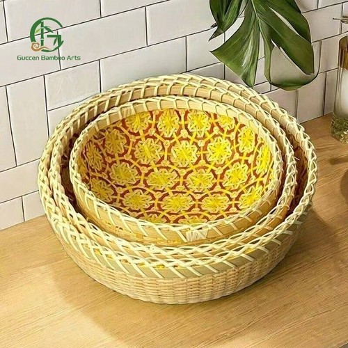 Set of 3 Handmade Bamboo Baskets Full Bamboo Basket Fruit Basket Bamboo Creative - Picture 7 of 10