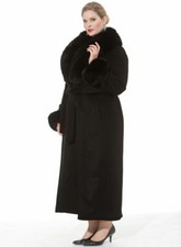 Fox Fur Trimmed Collar And Cuffs Full Length Long Cashmere Coat Plus Size Black