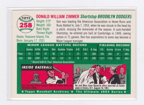 1994 Topps - Archives 1954 - Don Zimmer #258 - Foto 2 di 2