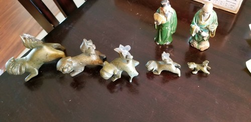 5 VTG Solid Brass Asian Foo Dog Figurines & 2 Handmade Clay Chinese Figurines - Bild 2 von 12