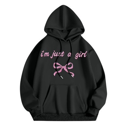 Women's Fashion Long Sleeve Letter Bow Printed Hooded Drawstring Sweatshirt - Picture 13 of 42