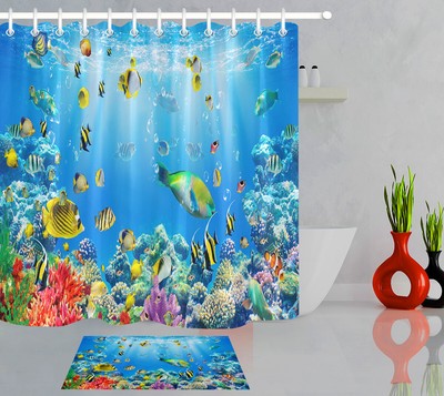 Tropical Fish Underwater World Bathroom Rug Waterproof Fabric Shower Curtain Set Tropical Fish Underwater World Bathroom, Tropical Fish Shower Curtain