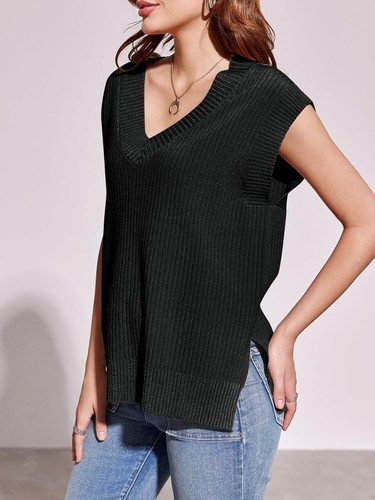 Womens V Neck Sweater Vest Oversized Ribbed Knit Sleeveless Casual Loose Fit ... - Picture 5 of 7