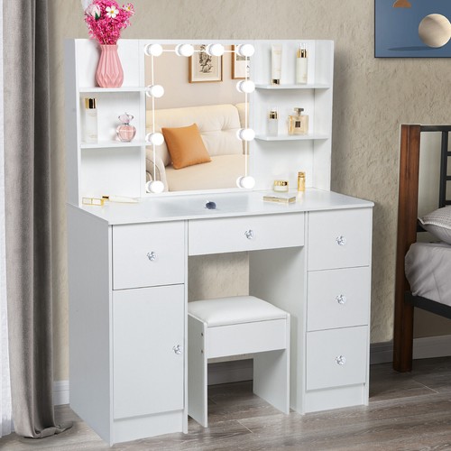 5-Drawer Vanity Set w/Mirror & Stool - Crystal Handle Makeup Dressing Table - Picture 5 of 9