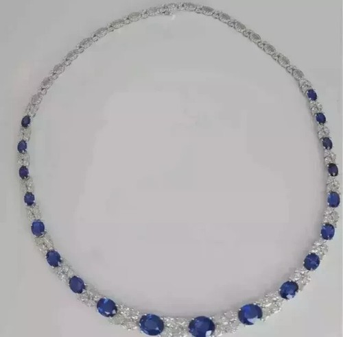 25.50CT Oval Cut Lab-Created Blue Sapphire Tennis Necklace 14K White Gold Plated - Picture 3 of 3