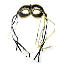 Mardi Gras Half Stick Mask - Eyelashes - Black/Gold - Costume Accessory - Adult