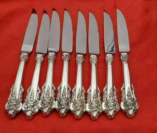 Set of 8 Grande Baroque by Wallace Sterling Serrated Steak Knives Custom Made