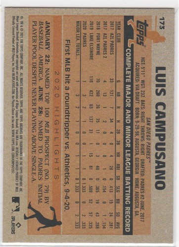 2021 Topps Archives  Luis Campusano 1983 Base #173 San Diego Padres RC - Picture 2 of 2
