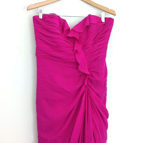 Badgley Mischka Collection Formal Pink Ruffle Strapless Silk Dress Gown Size 12 - Picture 2 of 8