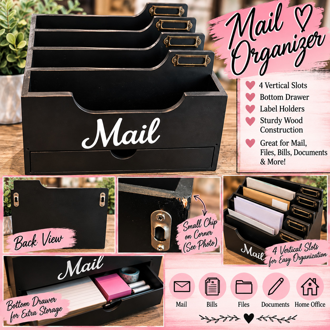 Black Wood Mail Organizer Letter Sorter with Drawer Rustic Desk Storage