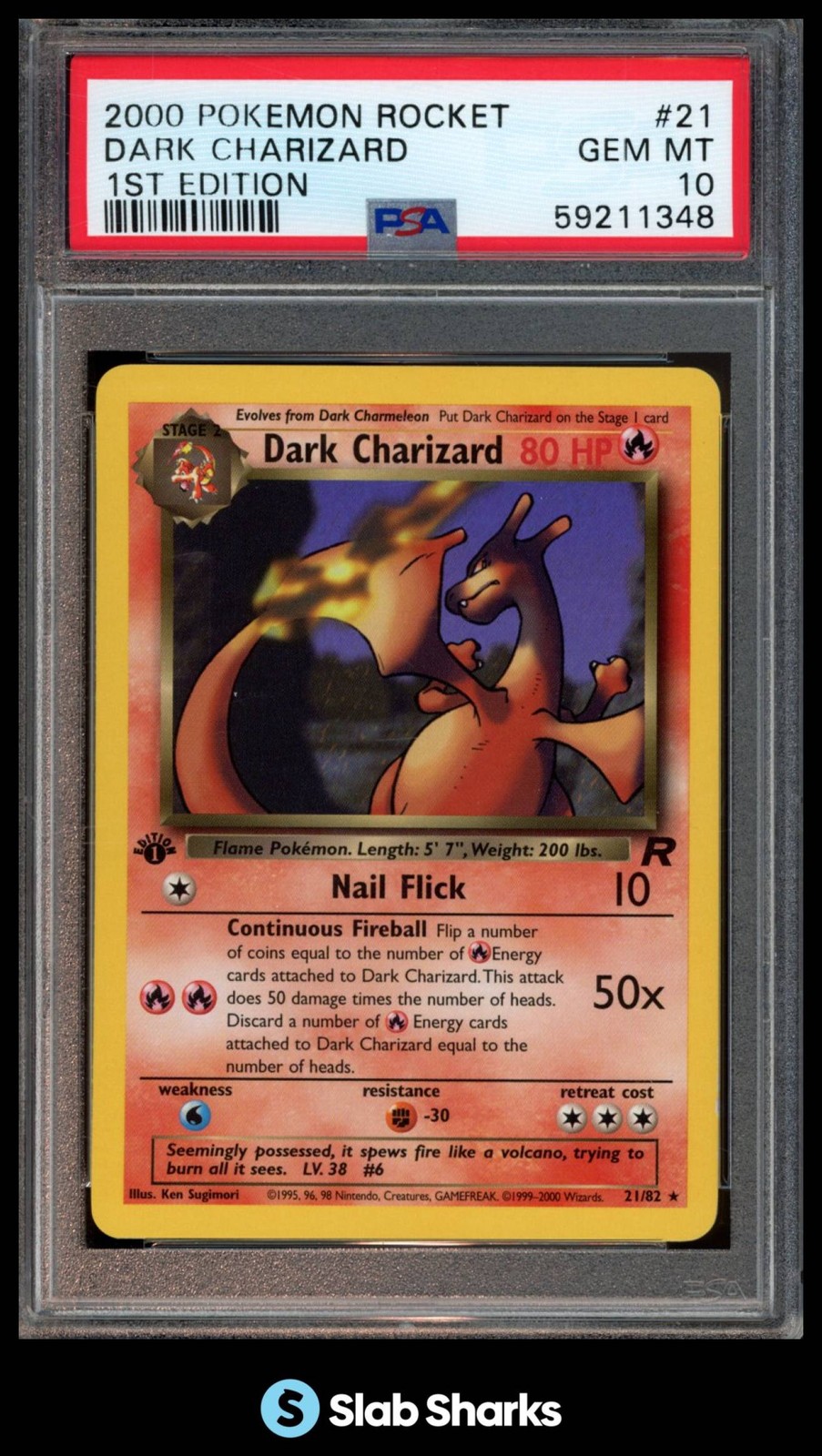2000 POKEMON TEAM ROCKET FIRST EDITION #21/82 DARK CHARIZARD PSA 10