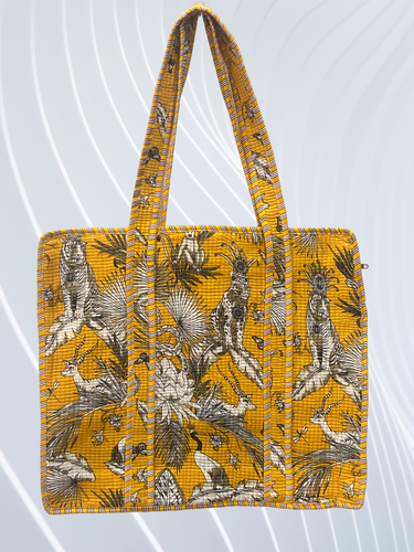 Bolso de Mano Algodón Amarillo Mostaza Estampado Safari, Animales de la Selva, Bolso de Hombro Grande - Imagen 2 de 4