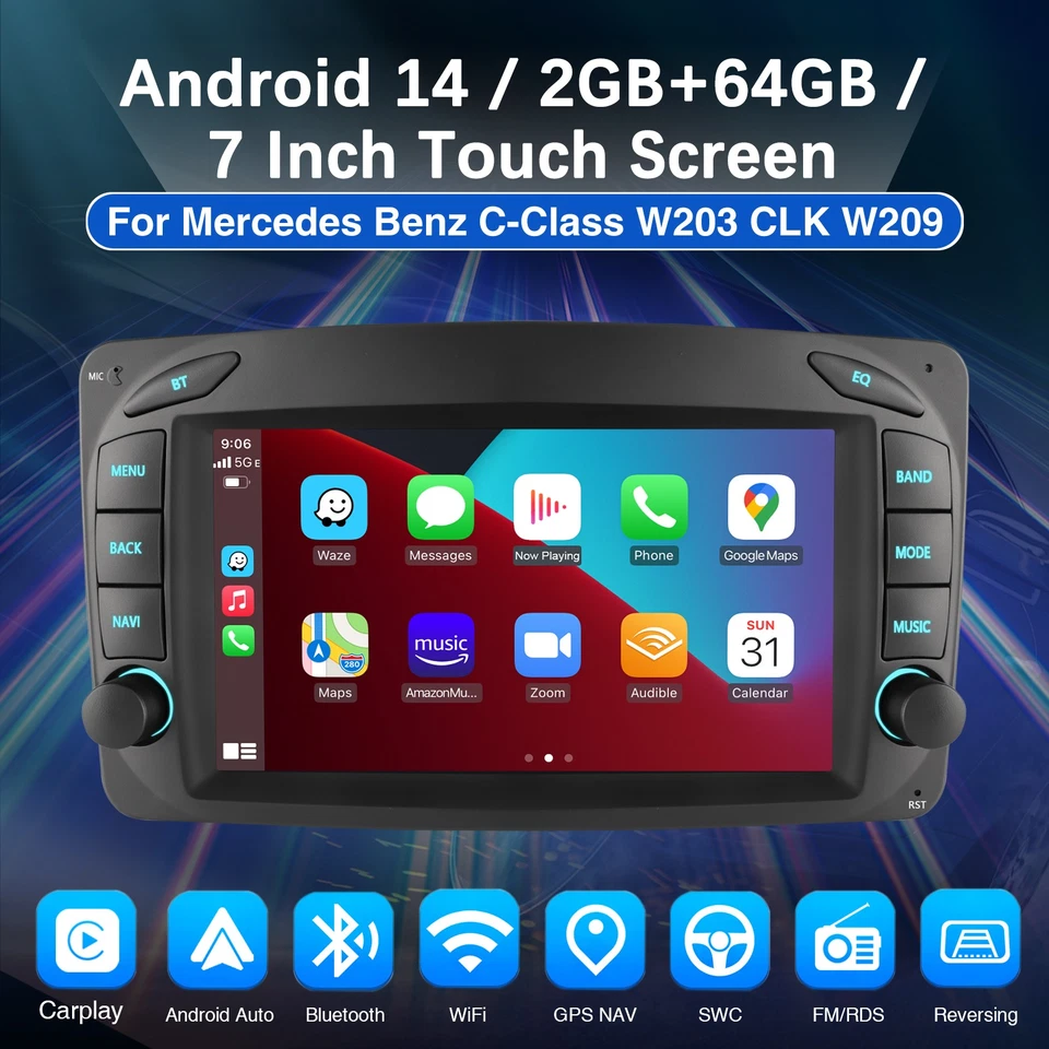 For Mercedes Benz C-W203 W209 CLK320 GPS Radio 7" CarPlay Car Stereo Android 14 - Image 2 of 4