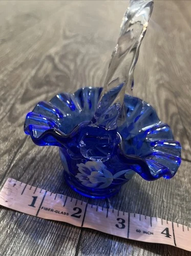 Fenton Mini Basket Cobalt With Crystal Handle Hand Painted With Magnolias
