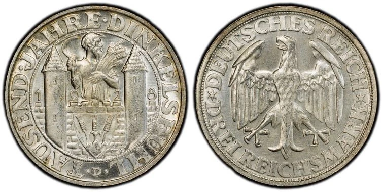 3 Reichsmark Weimarer Republik Dinkelsbühl 1928D, PCGS MS66. Stgl. - Bild 1 von 1
