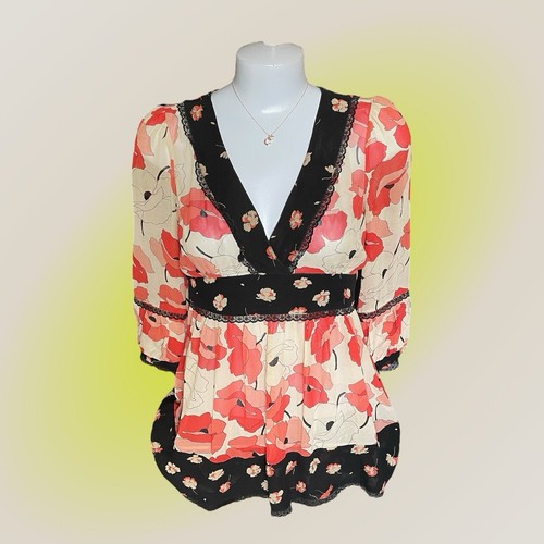 Fei Mujer Seda Coral Rosa y Negro. Top Floral Talla 2 4 S Vintage Anthropologie Y2K - Imagen 2 de 9