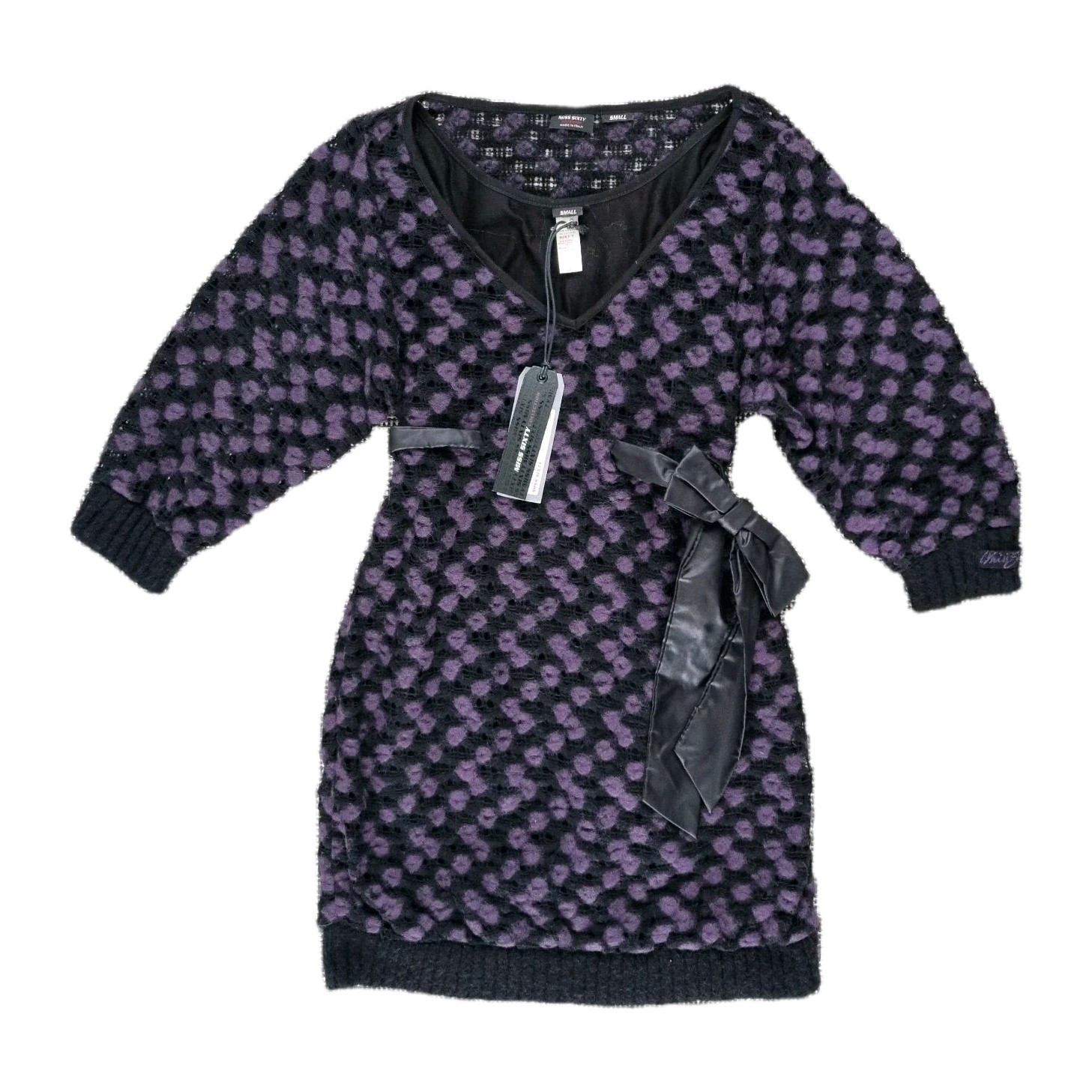 Vintage Miss Sixty Knitted Jumper Dress Size 10 / Small Wool V Neck Black Purple