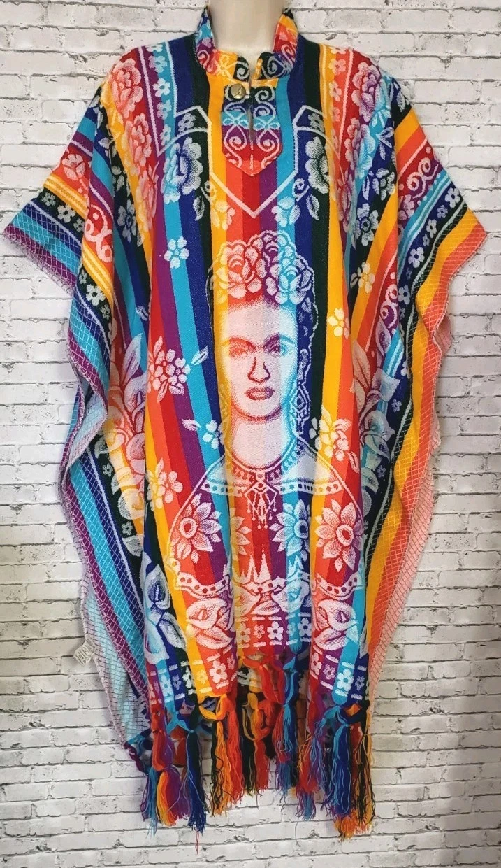 Frida Khalo Womens OS Poncho Made In Mexico Colorful Del Mex Sarape Fringe