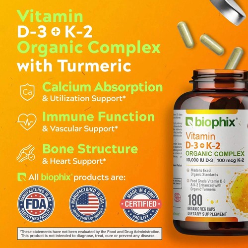 biophix Organic Vitamin D-3 K2 Turmeric 180 Vegetarian Capsules - Picture 7 of 9