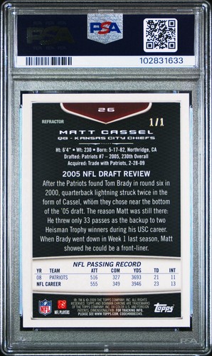 Bowman Chrome #26 Matt Cassel Superfractor 2009 1/1 PSA 10 gemas como nuevo Chiefs - Imagen 2 de 2