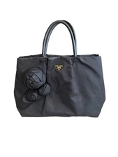 Prada Rose Flower Vintage Black Nylon Top Handle Bag