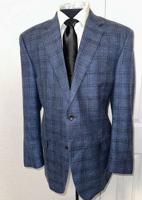 Jos A Bank Signature Modern Two Buttons Dual Vents Men Blue Plaid Jacket 42 R