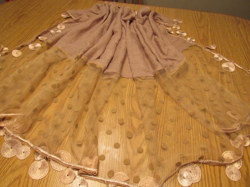 Vintage Light Brown Thin Cotton Shawl Wrap w Dotted Netting Medallion Fringe - Picture 10 of 11