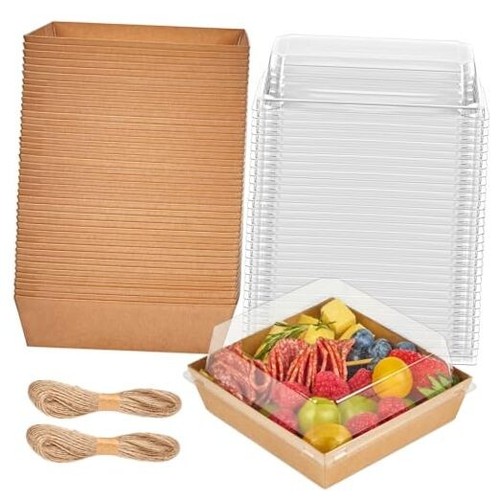 50 Pack 5 Inch Paper Charcuterie Boxes with Clear Lids, Square To Go Cake