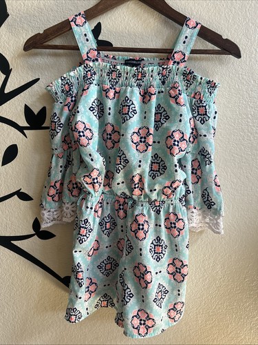 My Michelle Girls Crochet Sleeve  3/4 Bell Sleeve Cold Shoulder Romper  Size Med - Picture 1 of 7