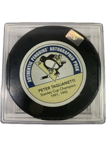 Auténtico Penguins Autografiado Puck Peter Taglianetti 91 92 Stanley Cup Champ - Imagen 2 de 3