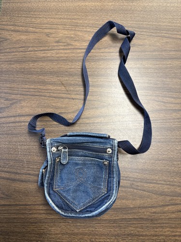 Vintage 90s Y2K Denim Jean Bag 3 - Zip Front Pockets Adjustable Long Strap