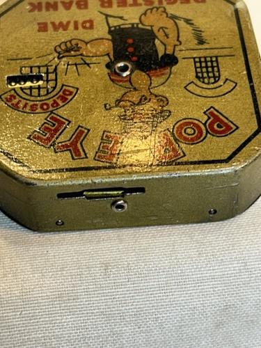 Banco de registro de monedas de diez centavos Popeye 1929 King Features Syndicate de metal vintage - Imagen 7 de 10