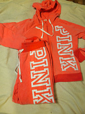 PINK Victoria's Secret XS Pink Logo Fleece Sweatsuit Hoodie  Pants Set