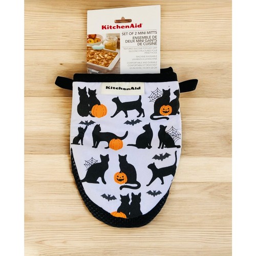 NEU Kitchen Aid Schwarze Katze Kürbis & Spinnennetz Baumwolle Mini Ofen Silikon Handschuhe  - Bild 1 von 3