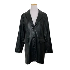 Vintage Y2K Longline Black Leather Jacket Women’s L John Carlisle Pockets