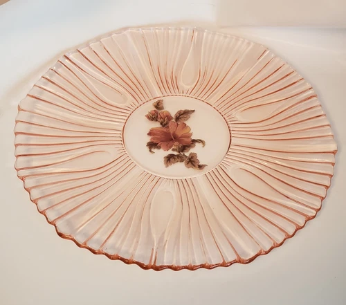 Vintage Pink Depression Glass Platter Serving Tray Dish Plate w/Hibiscus Flower