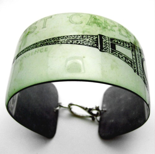 EIFFEL TOWER PARIS FRANCE vintage postcard Resin cuff bangle bracelet black gren - Picture 2 of 6