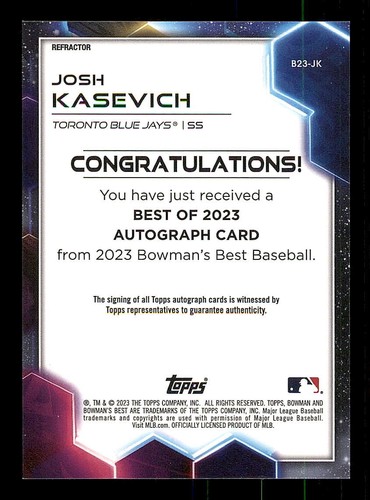 2023 Bowman's Best Best of 2023 Autographs Refractors Josh Kasevich - Foto 2 di 2