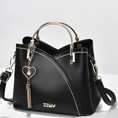 Women's Black with White Stitch Detail Handbag, Tassel Accents, Crossbody - Picture 2 of 7