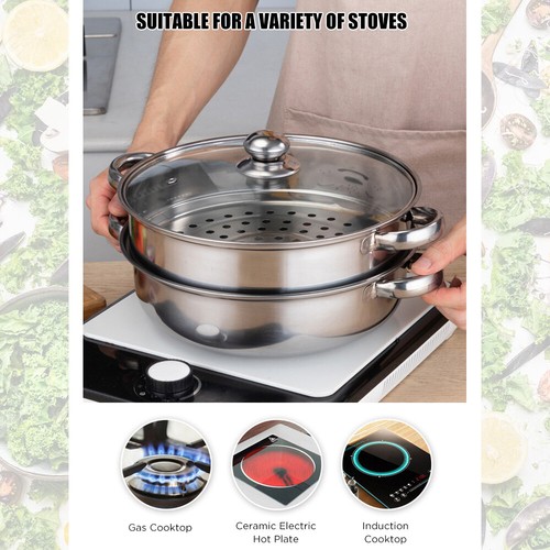 2-Layer Stainless Steel Cooking Wok Soup Stew Pot Steamer with Lid Glass Cover - Picture 5 of 6