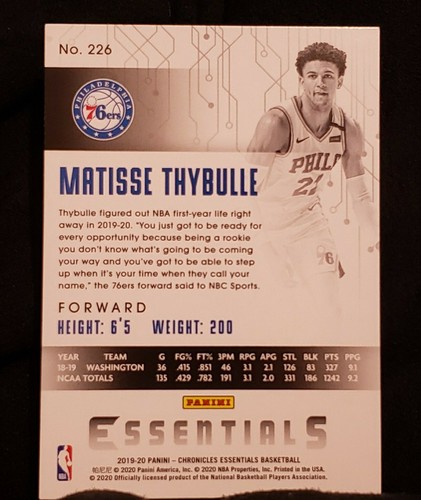 2019-20 Panini Chronicles Essentials Matisse Thybulle Rookie #226 76ers RC - Picture 2 of 2