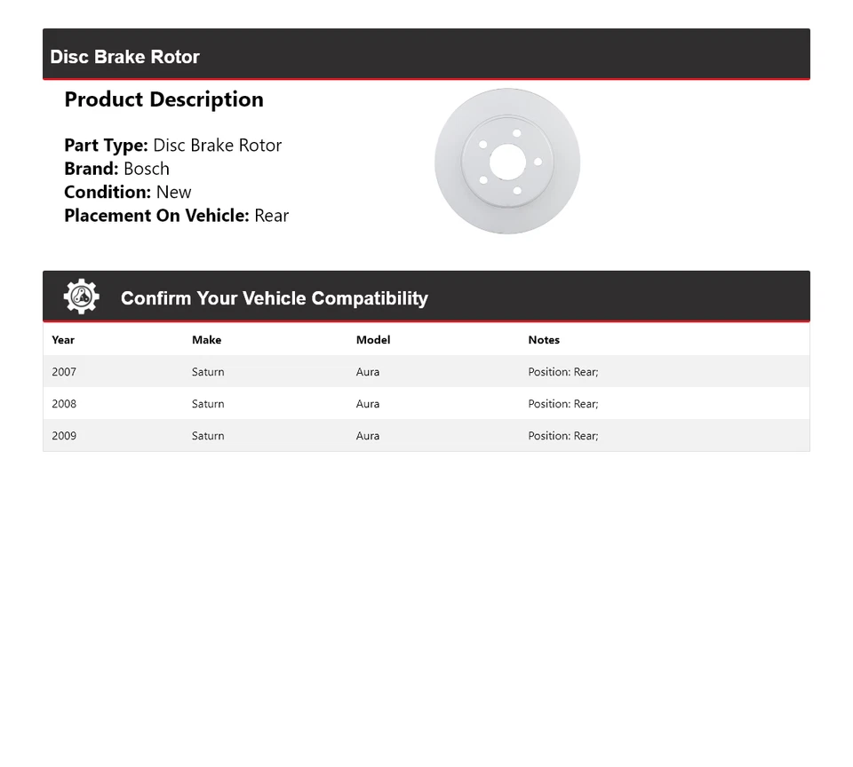 For 2007-2009 Saturn Aura Bosch QuietCast Disc Brake Rotor Rear 2008 - Image 2 of 4