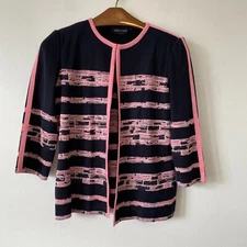 Ming Wang Knit Jacket Womens Small Navy Blue & Pink 3/4 Sleeves