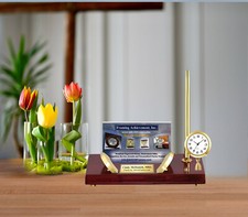 Personalized Engraved Business Card Holder Stand Gold Mini Clock Pen Name Etched